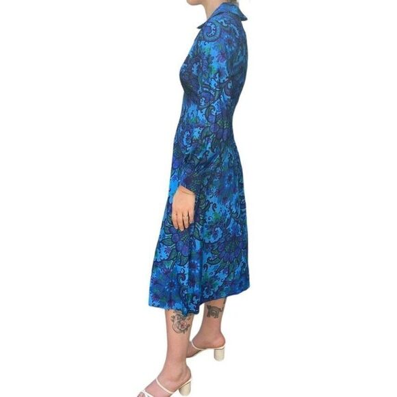 Vintage 1970s Womens Handmade Blue Floral Psychedelic Floral Disco Collar Dress - Picture 5 of 9